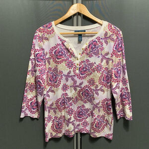 Women's Karen Scott Top Size L White Purple Floral 3/4 Sleeve